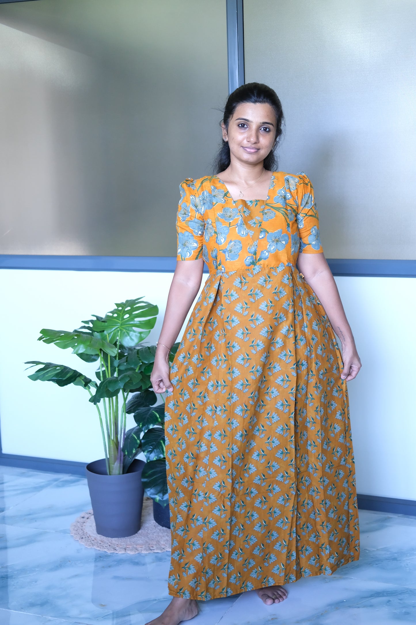 Nisha - Yellow Floral Maxi Nighty