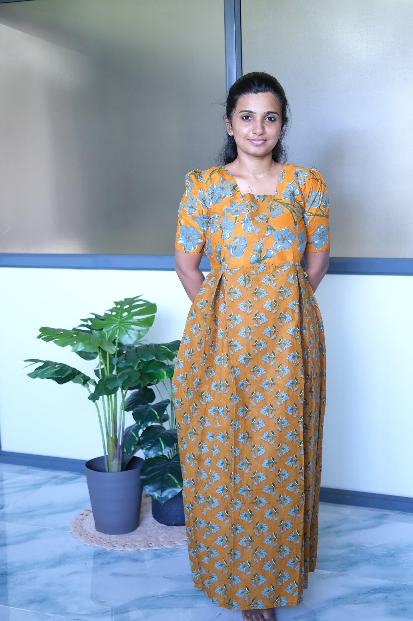 Nisha - Yellow Floral Maxi Nighty