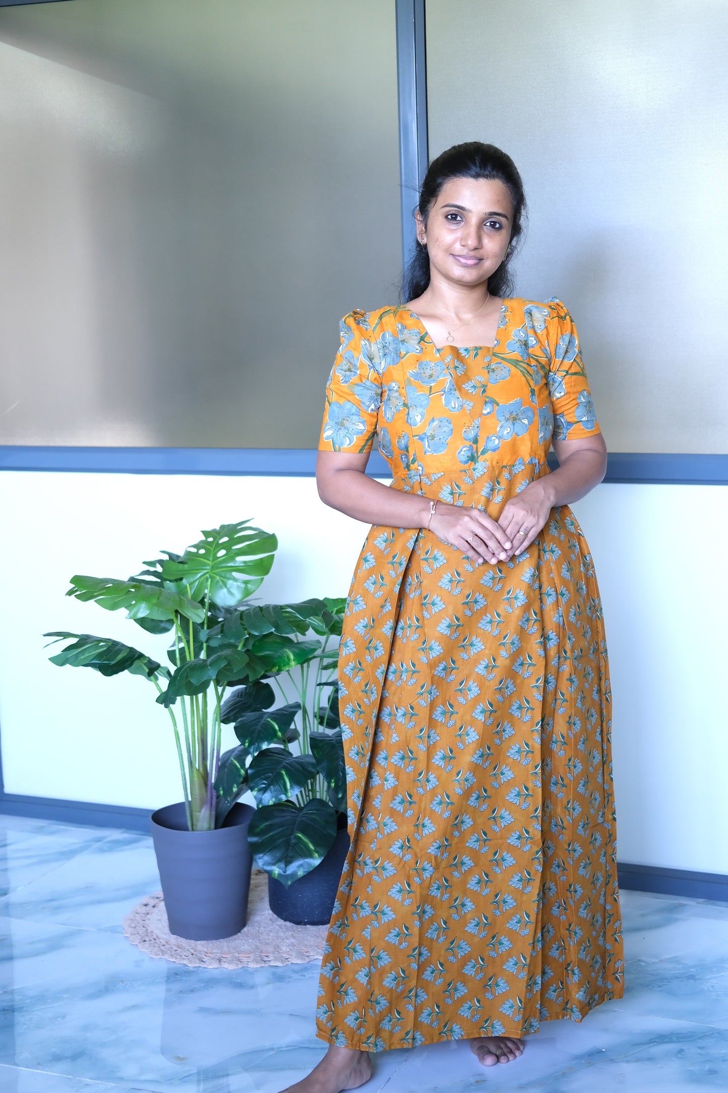 Nisha - Yellow Floral Maxi Nighty