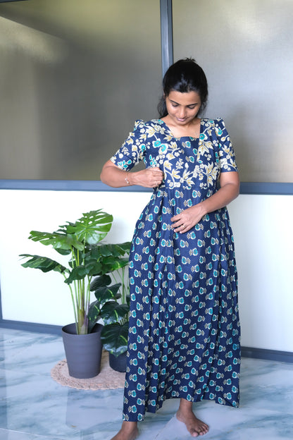 Dark blue feeding nighty cotton fabric showing the concealed vertical zip closures on the front bust for nursing convenience.