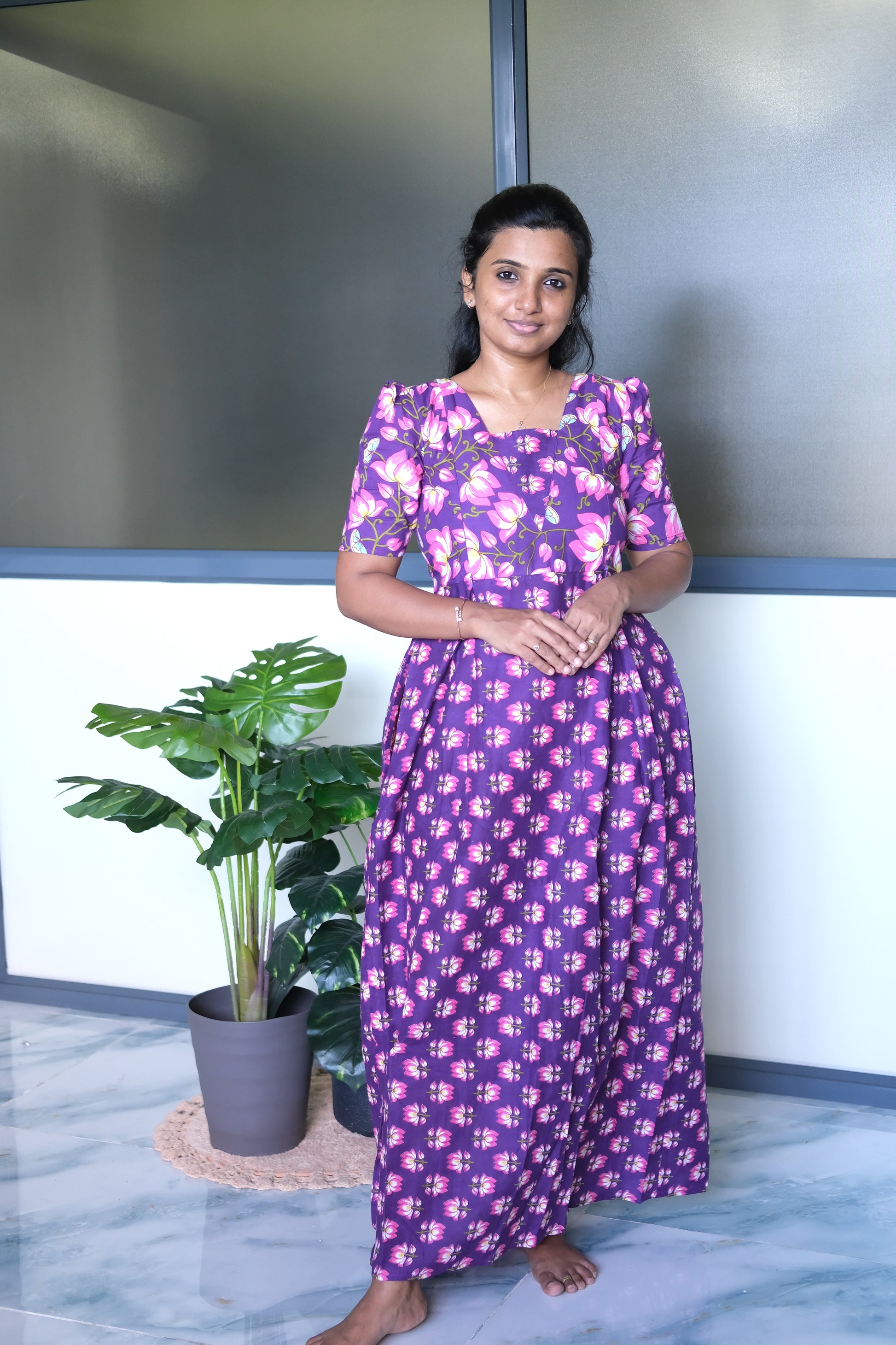 Violet cotton maxi nighty with a square neckline and short puff sleeves.