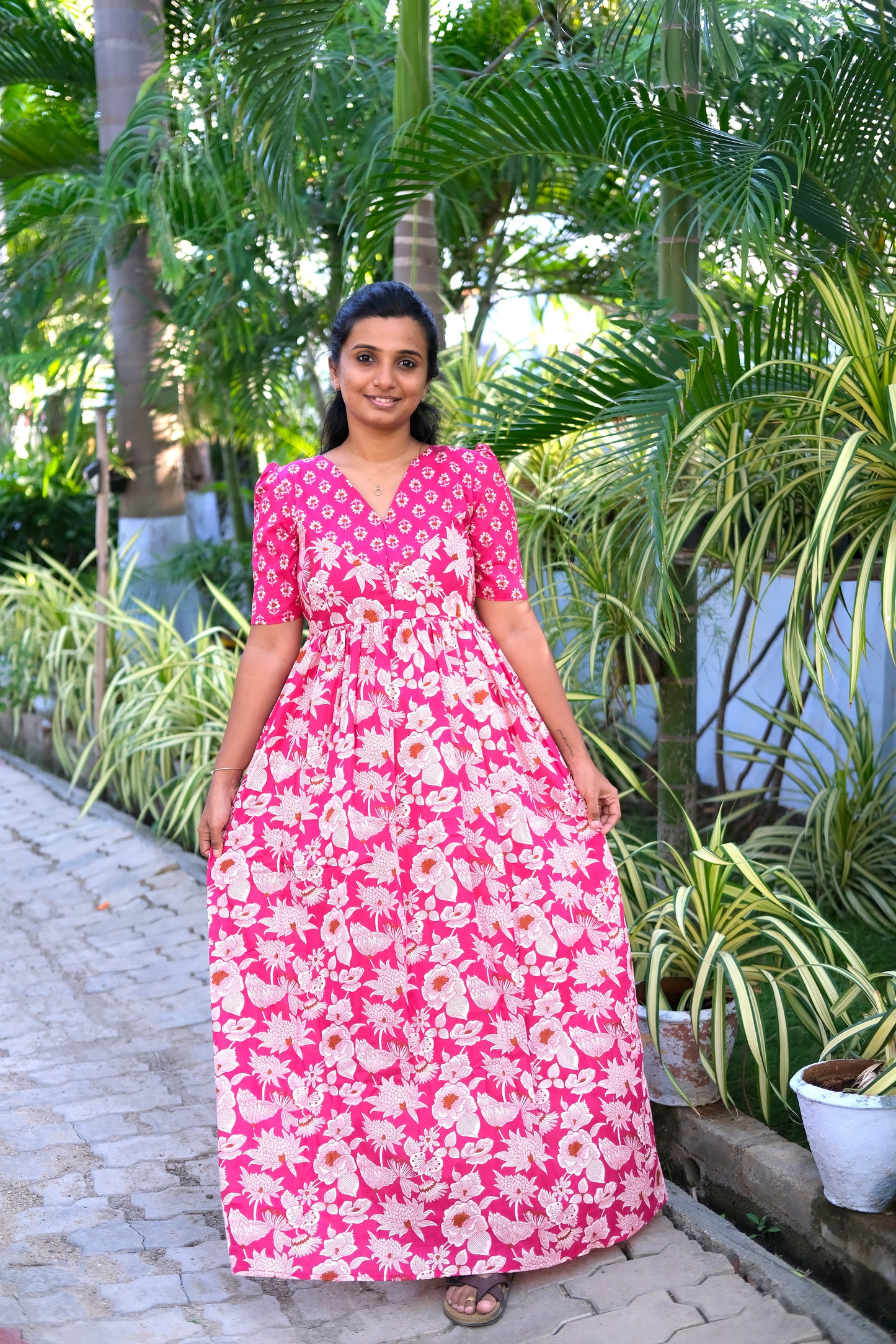 Yamini - Pink Floral High Neck Maxi Nighty