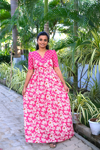 Yamini - Pink Floral High Neck Maxi Nighty