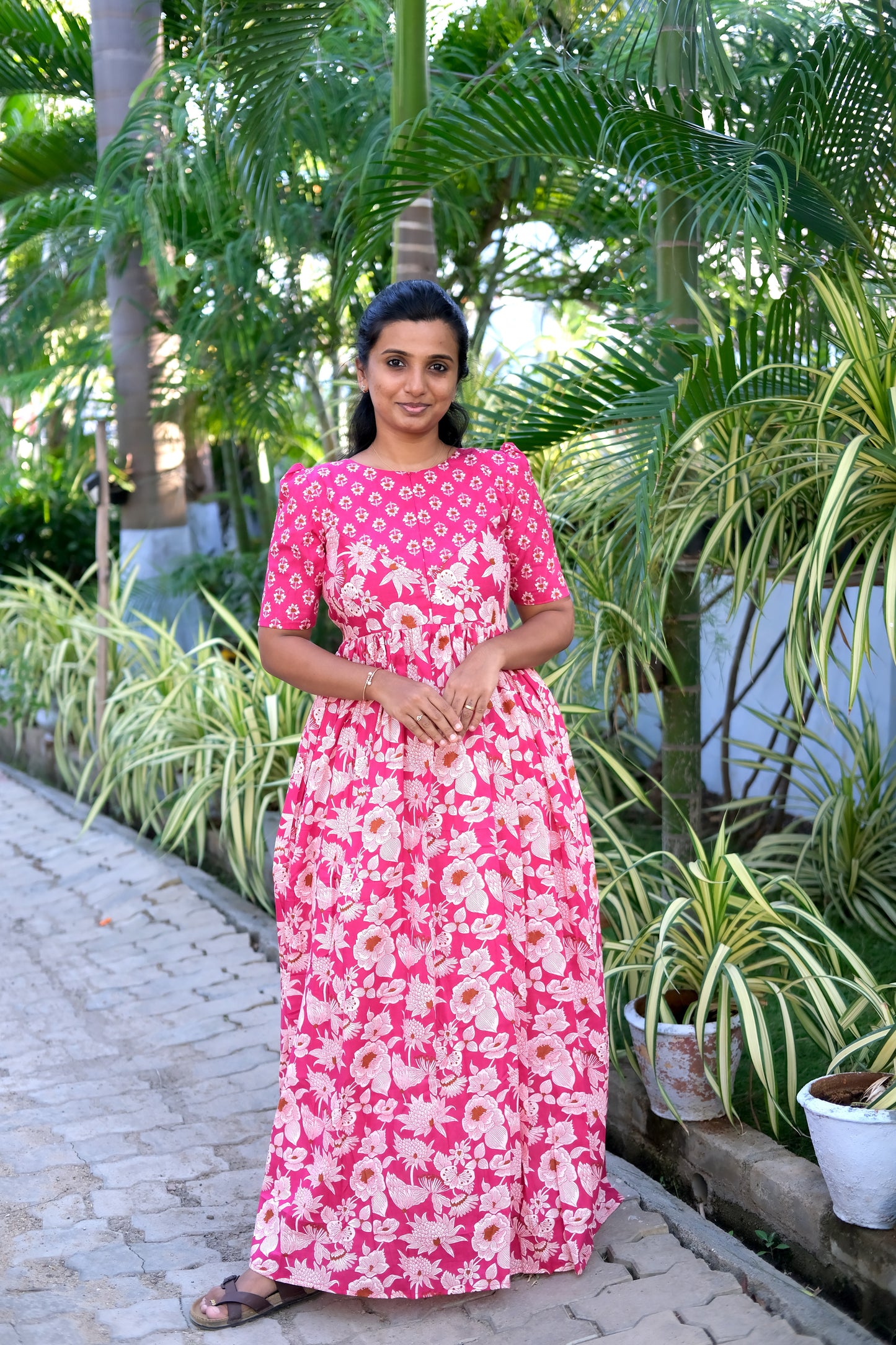 Yamini - Pink Floral High Neck Maxi Nighty
