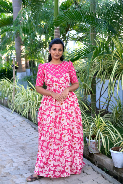 Yamini - Pink Floral High Neck Maxi Nighty