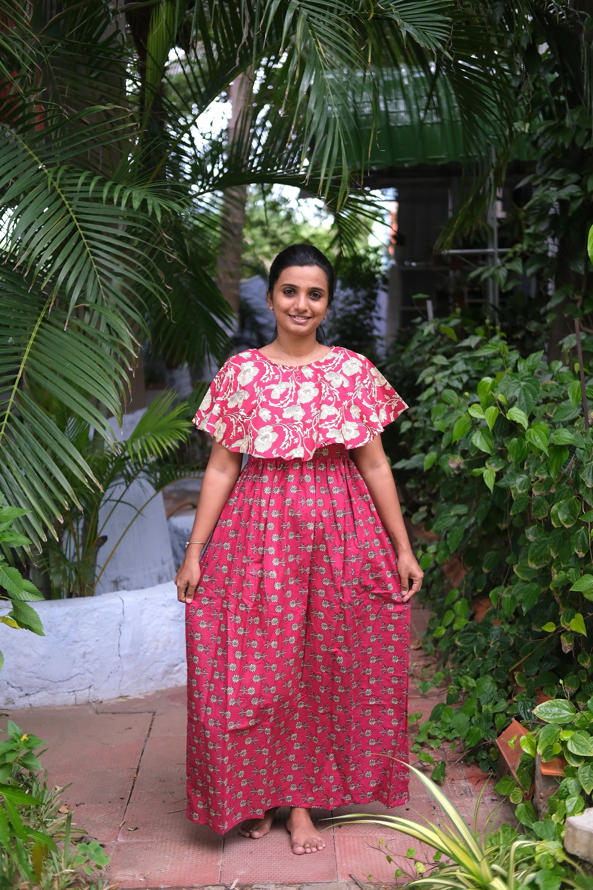 Full-length magenta cotton nighty with subtle block print and a floral cape.