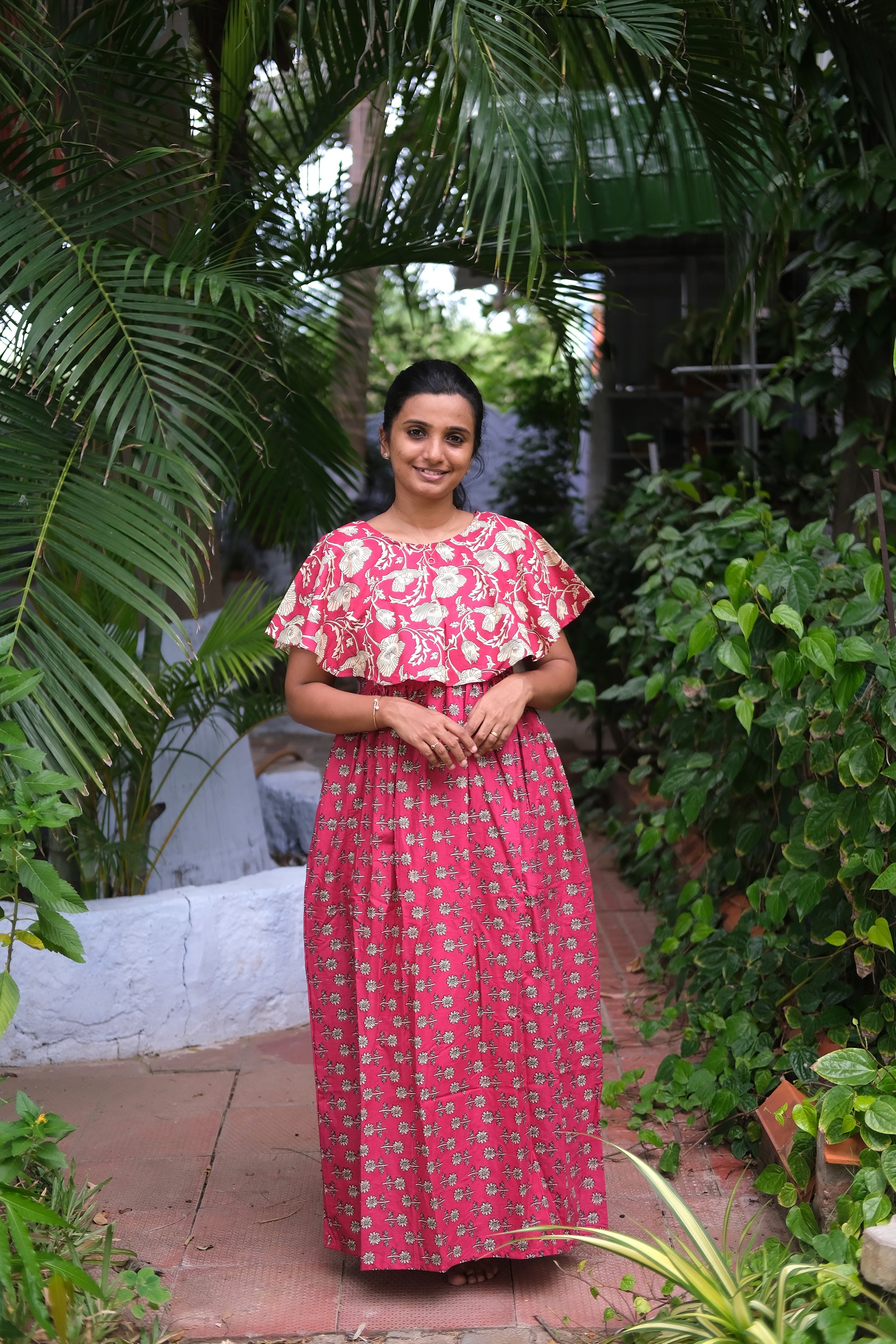 cotton nighty with dupatta - Magenta cotton maxi nighty with a floral printed detachable cape overlay.