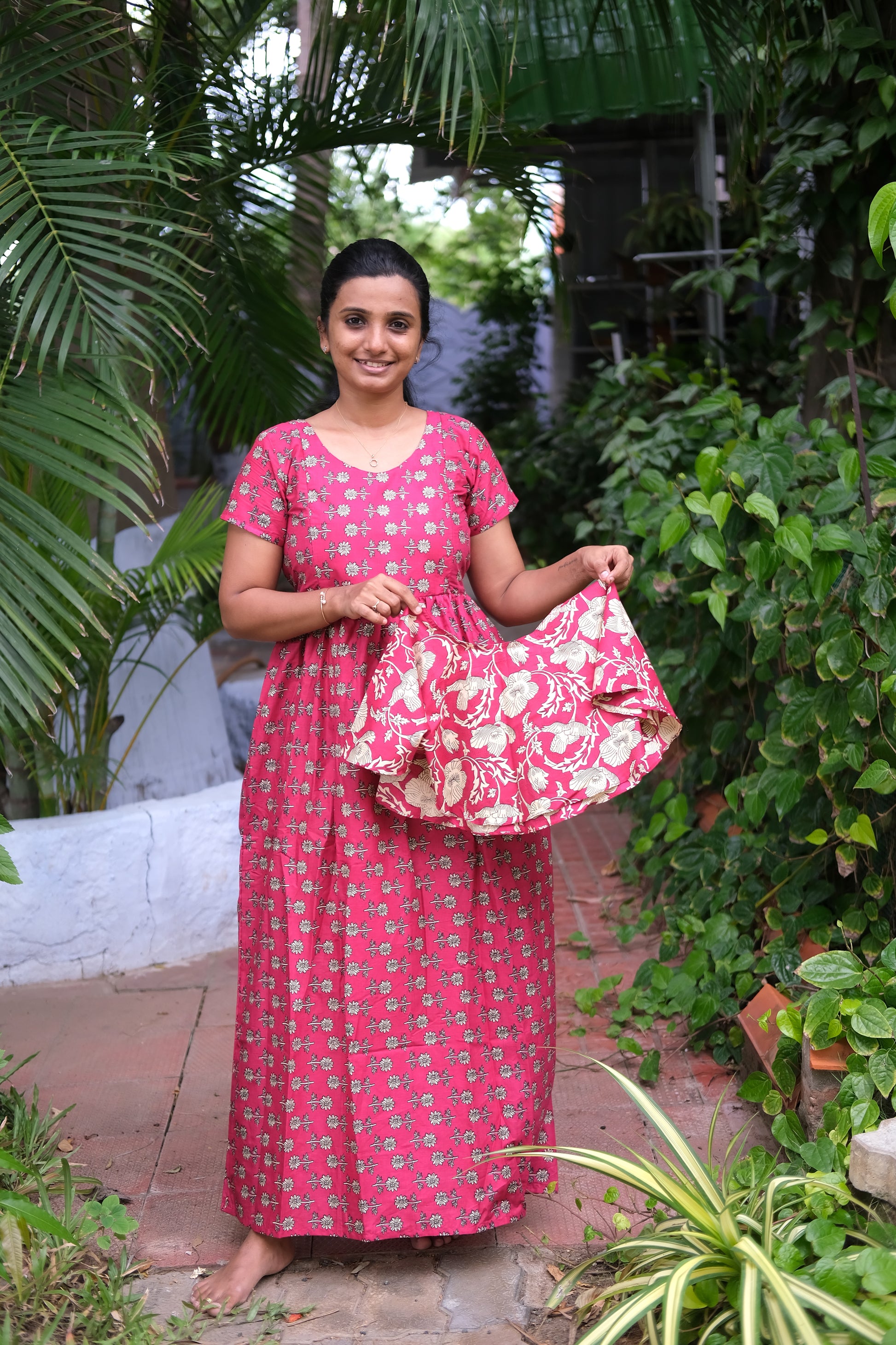 Magenta feeding nighty with dupatta detached, showing the round neckline and short sleeves.