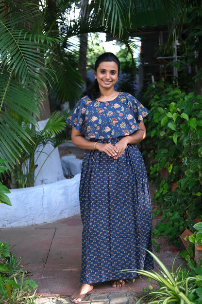 Dark blue cotton maxi nighty with dupatta featuring a floral printed detachable cape overlay
