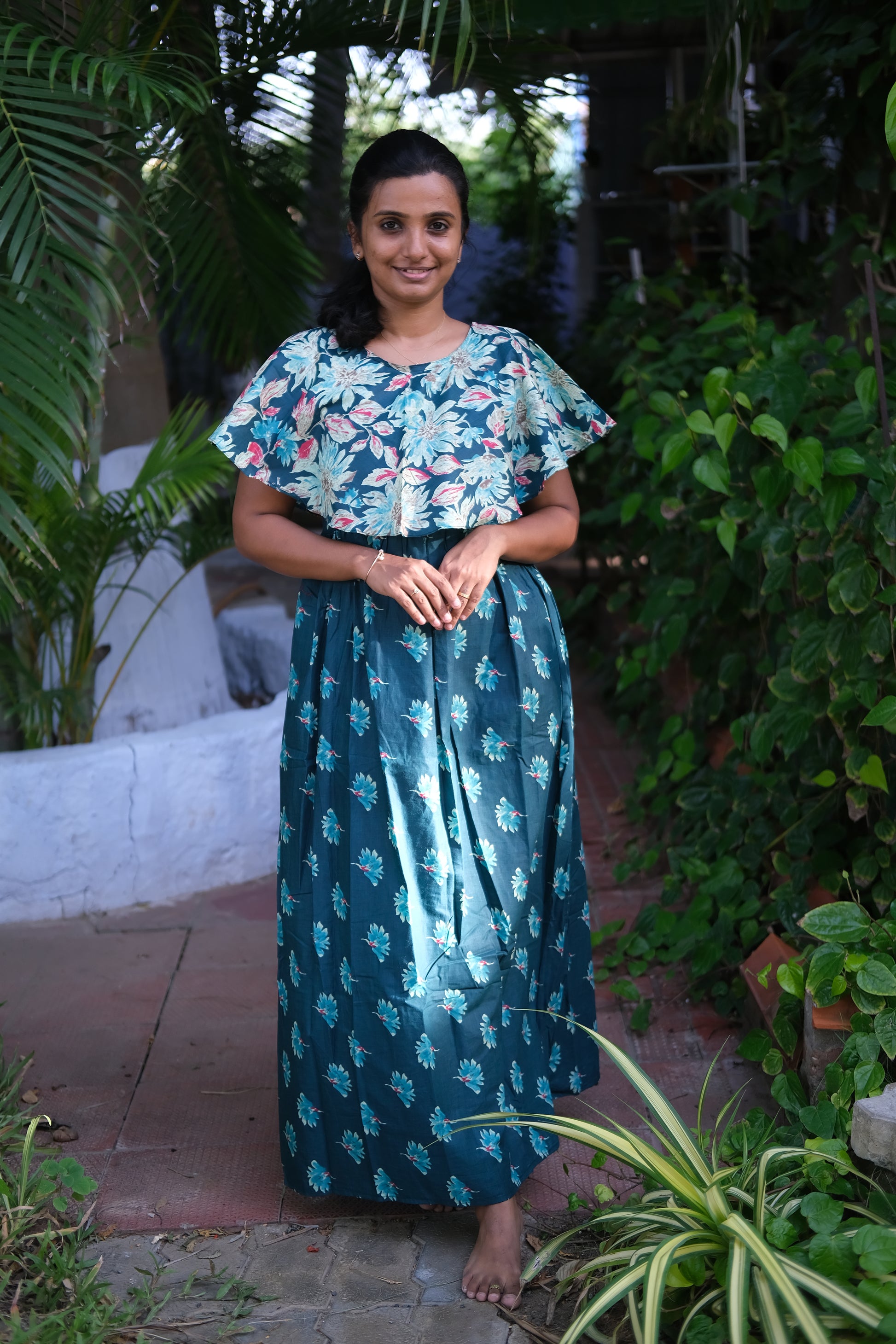 Teal blue cotton maxi nighty with a floral print detachable dupatta cape