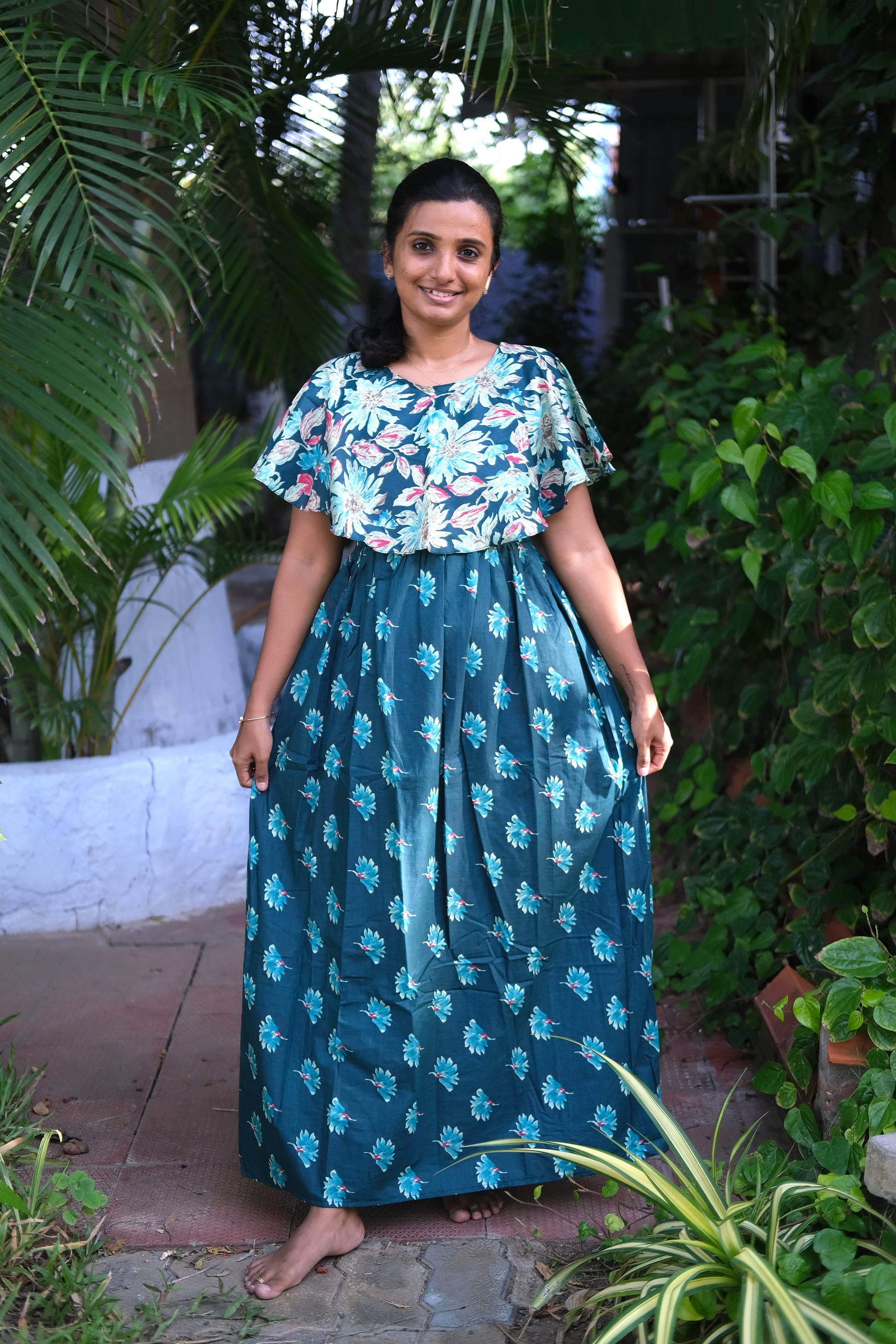 Full-length teal blue feeding nighty cotton maxi dress with all-over floral prints