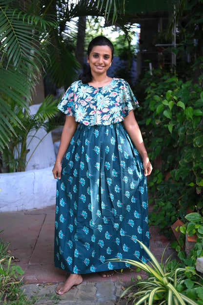 Full-length teal blue feeding nighty cotton maxi dress with all-over floral prints
