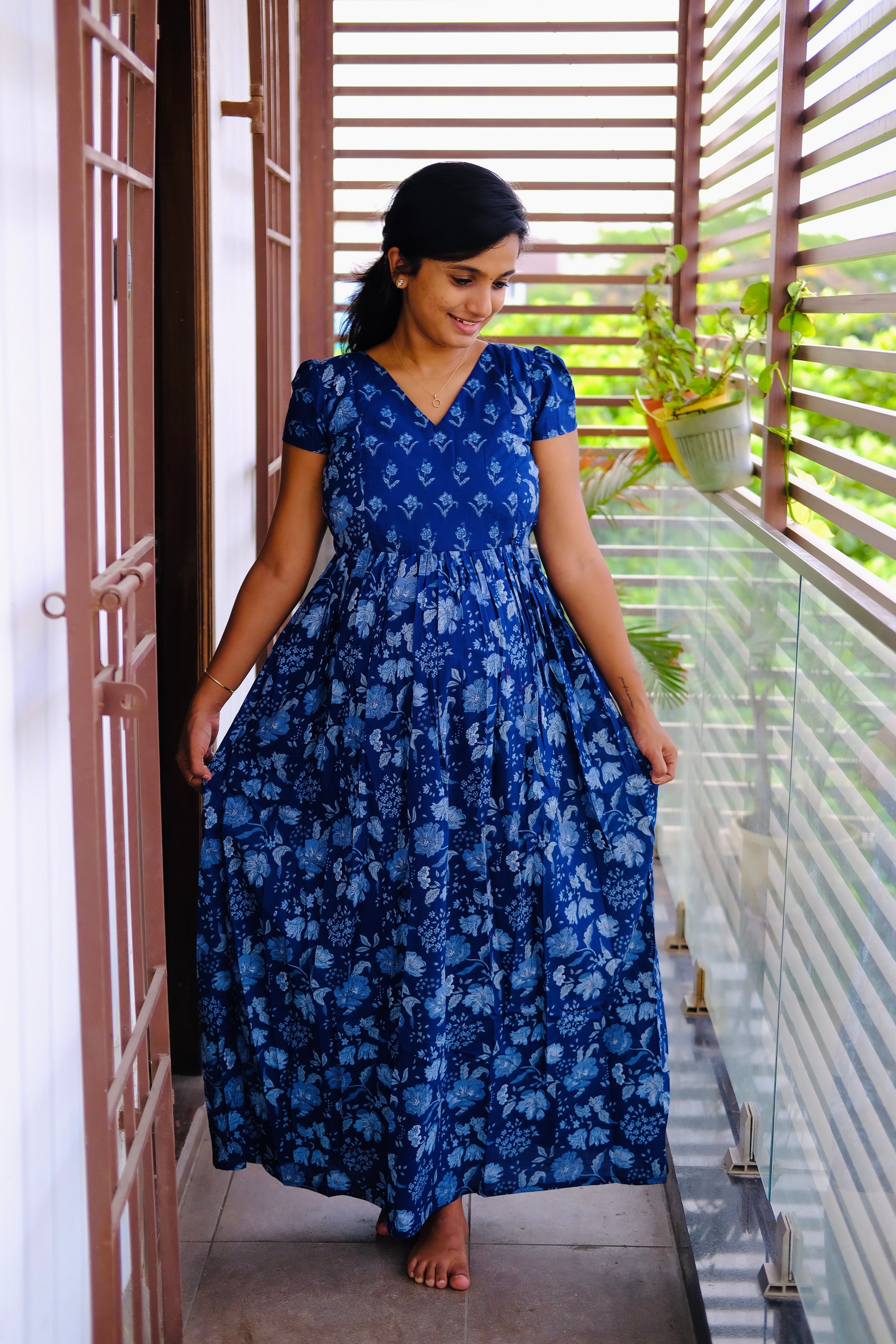 Mullai Dark Blue Maxi Nighty – Pleated Up - Main Image