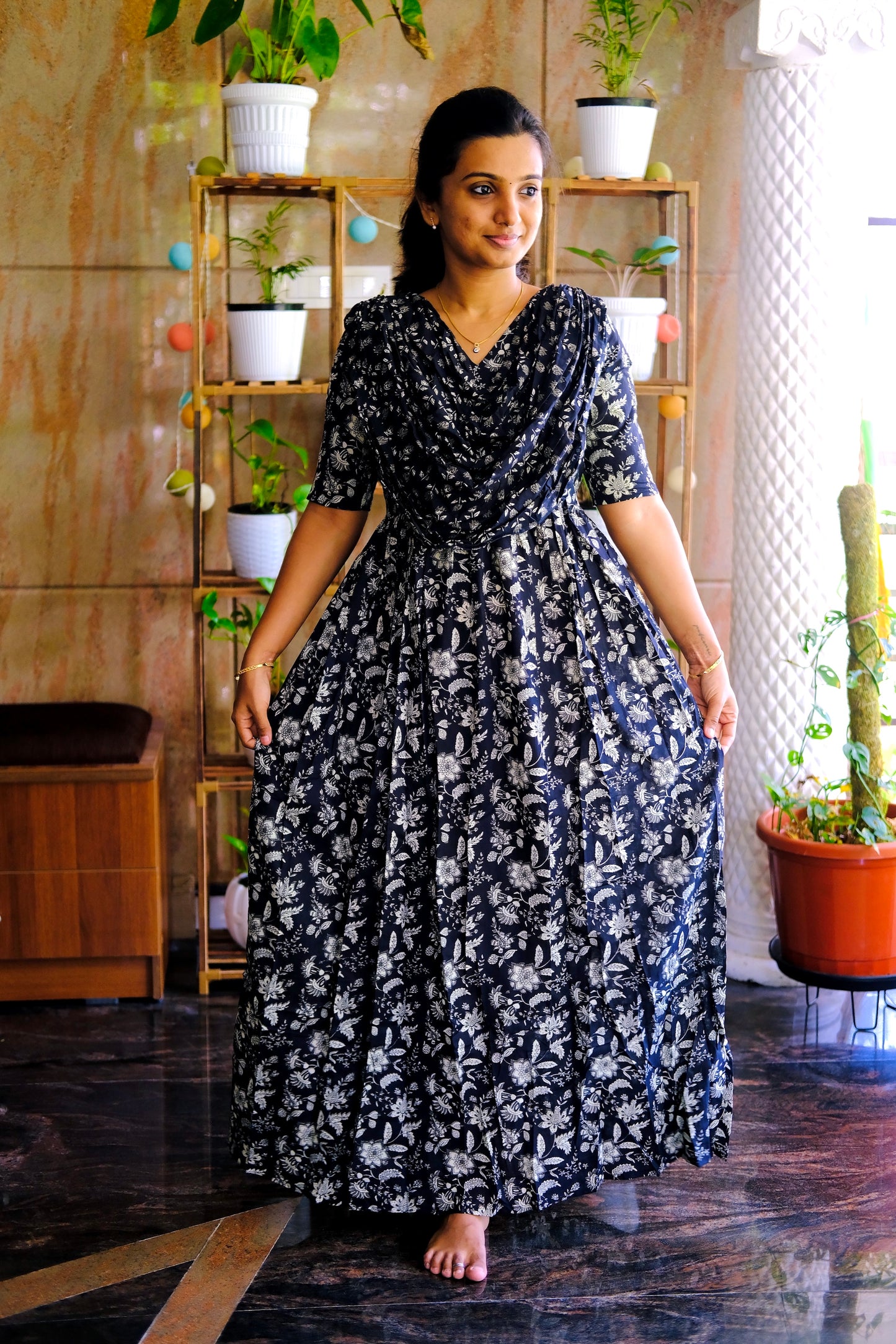 Kaveri - Black Floral Maxi Nighty