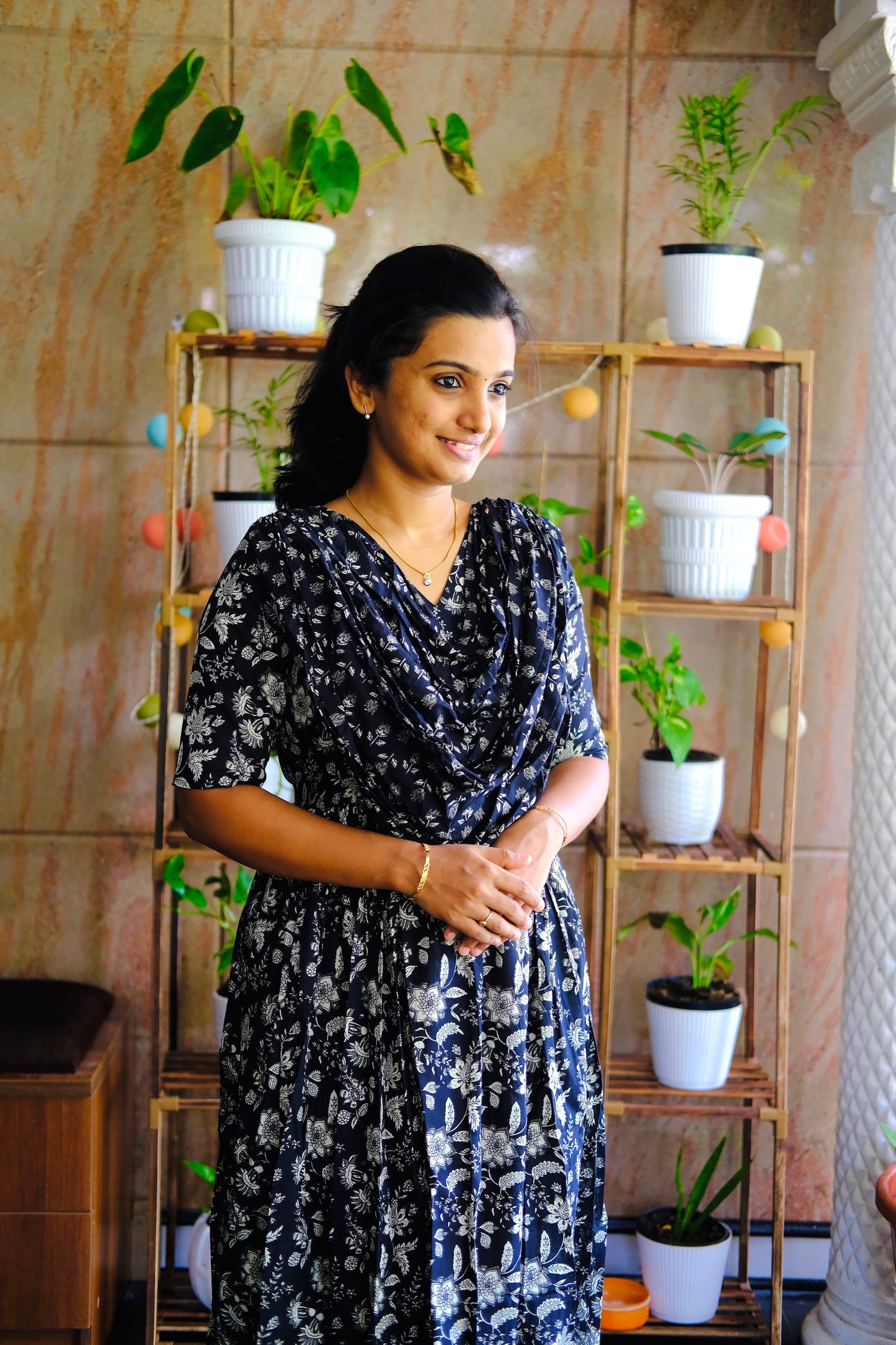 Kaveri - Black Floral Maxi Nighty