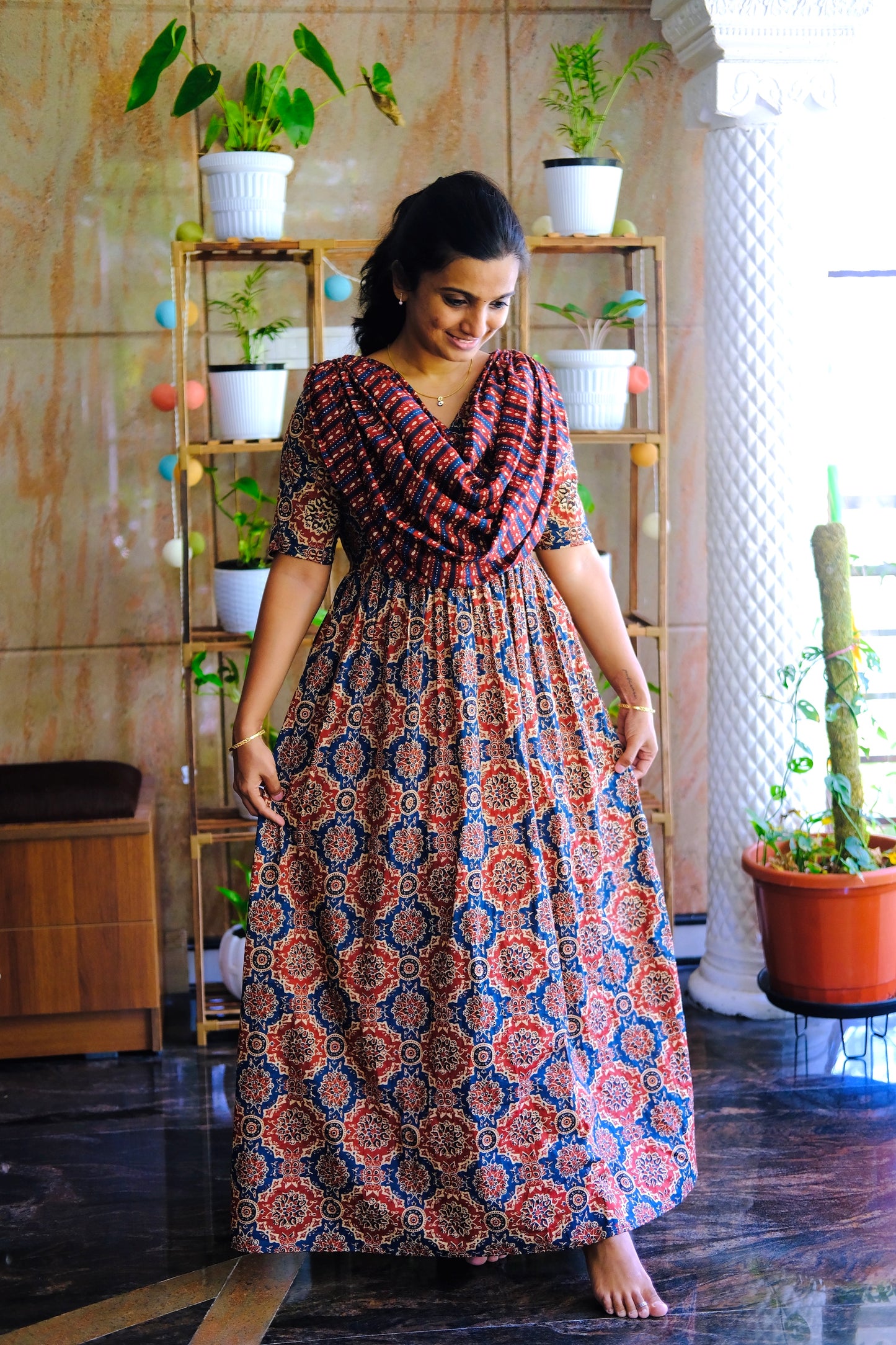 Kaveri - Red Blue Ajrakh Maxi Nighty