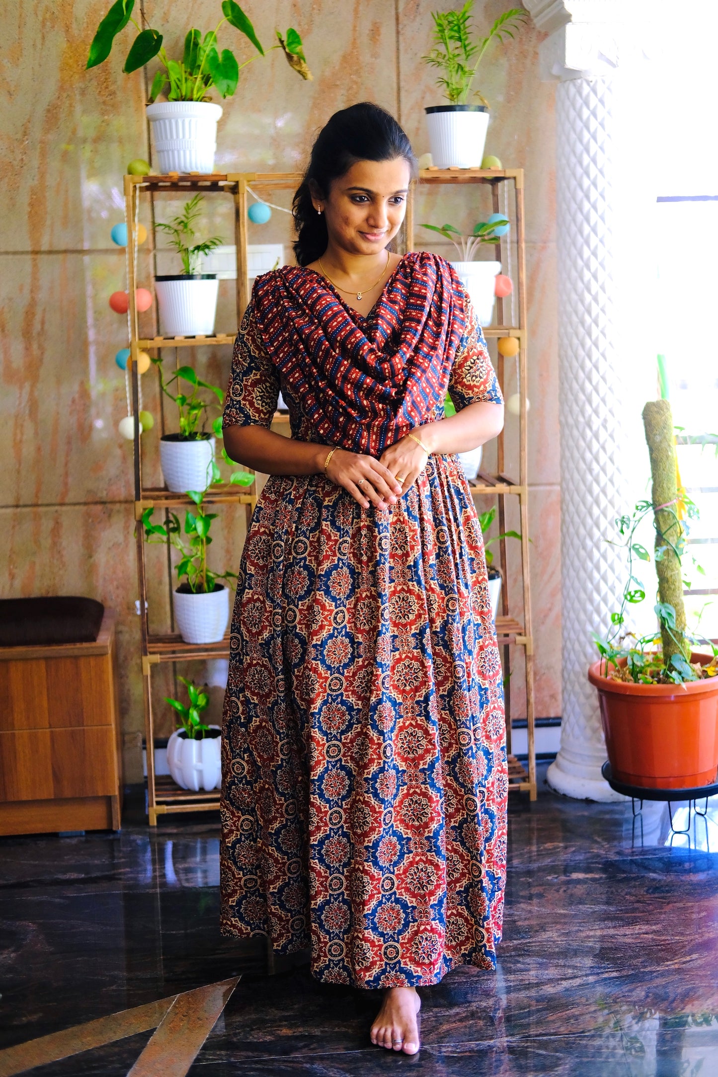 Kaveri - Red Blue Ajrakh Maxi Nighty