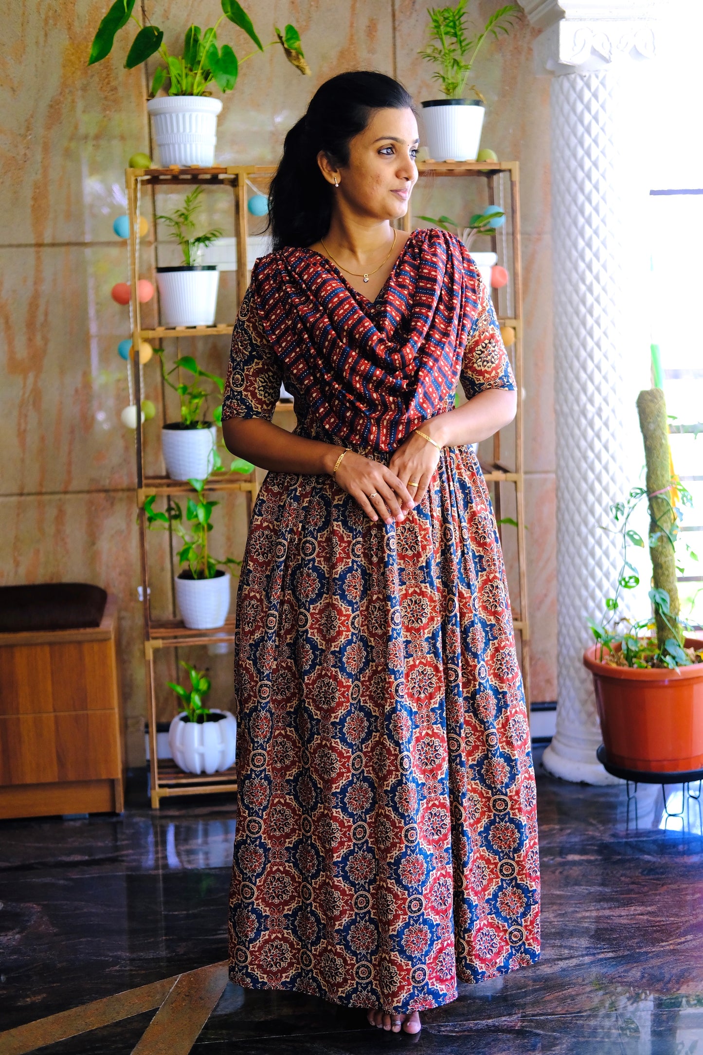 Kaveri - Red Blue Ajrakh Maxi Nighty