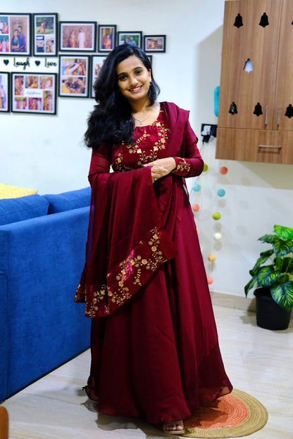 Roopa - Maroon Maxi Dress with Dupatta