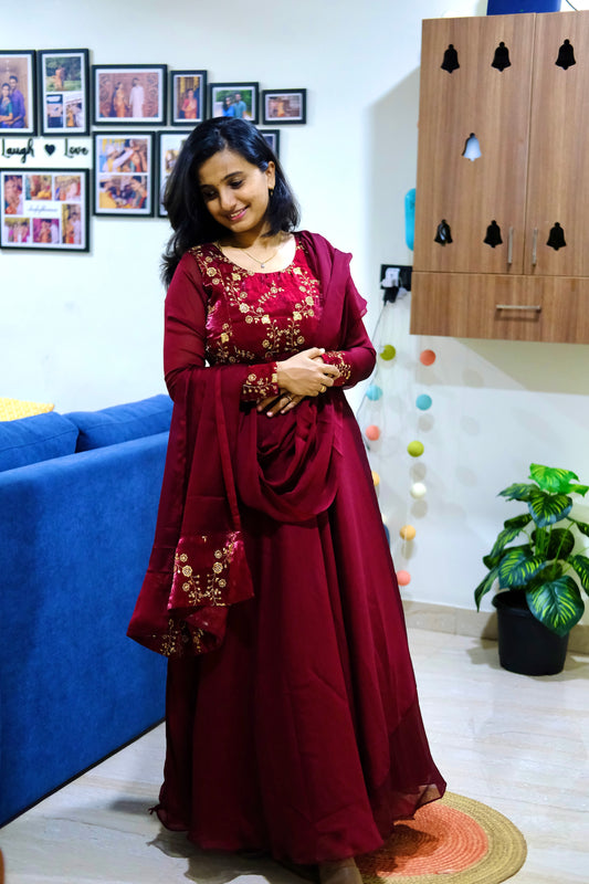 Roopa - Maroon Maxi Dress with Dupatta