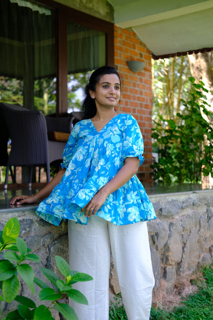 Aarna - Blue Floral Peplum Top