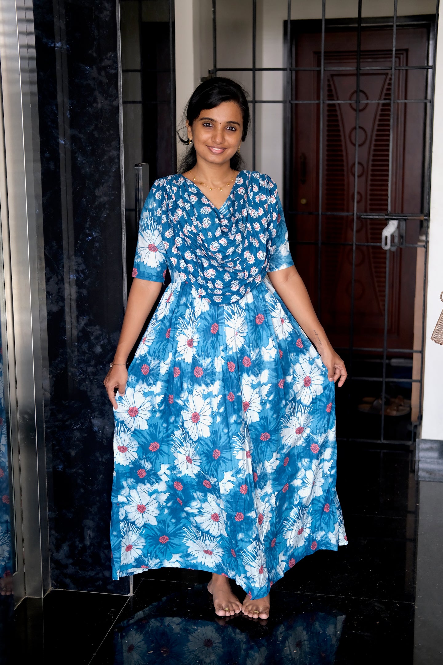 Kaveri - Light Blue Floral Maxi Nighty