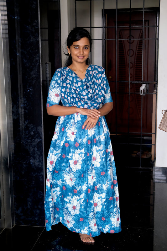 Comfortable ladies cotton nighty in blue floral print.