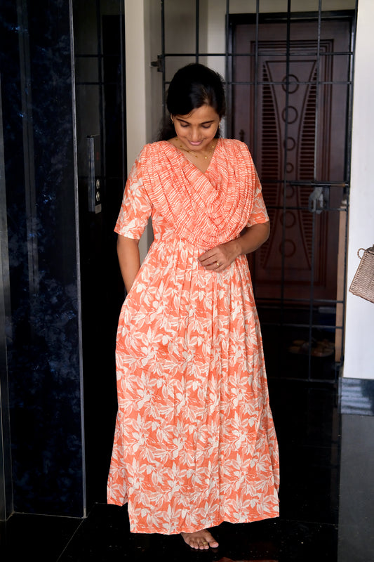 Women's peach floral loungewear dress with attached dupatta design