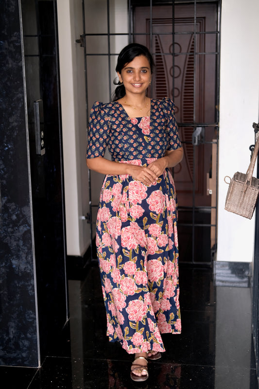 Nisha - Dark Blue Floral Maxi Nighty