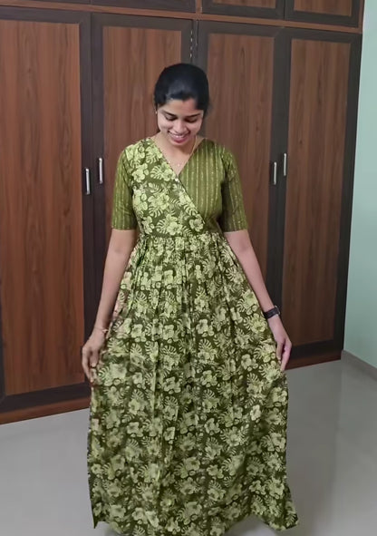 Malar Olive Green Cotton Maxi Nighty - Zipless Comfort Nightwear for Women