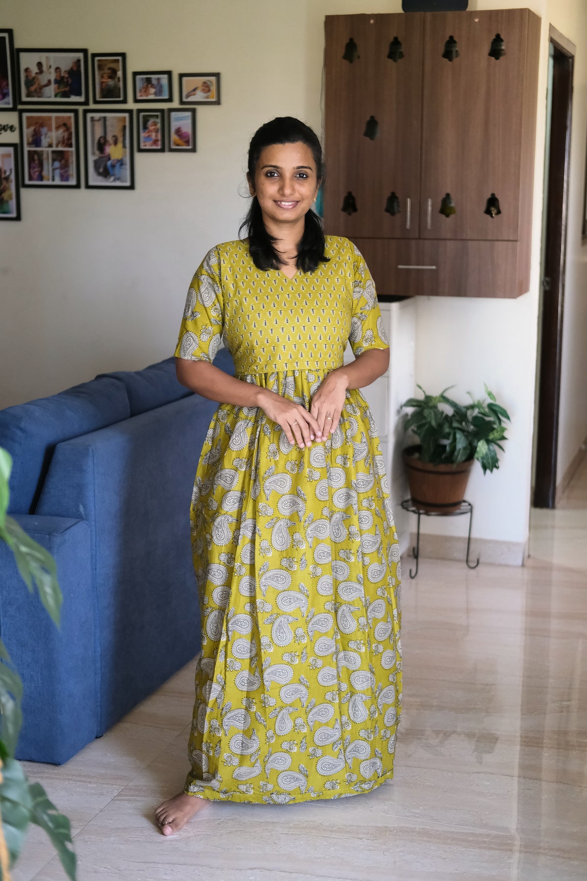 Kuyili mustard yellow cotton feeding nighty featuring a paisley skirt and chevron yoke