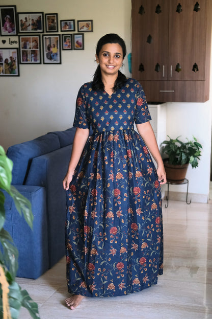 full length cotton nighty in navy blue with red and yellow floral print