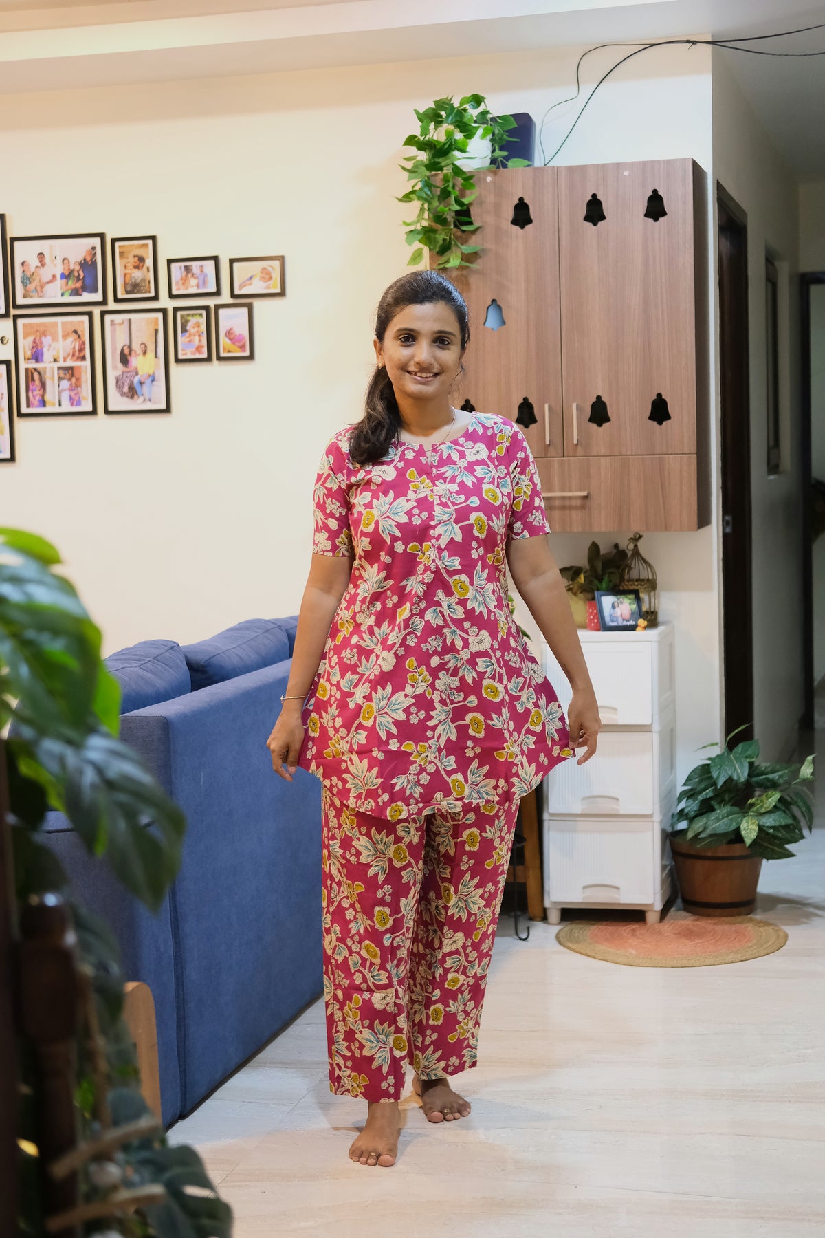 Short sleeve flared tunic top with matching printed cotton night suit trousers