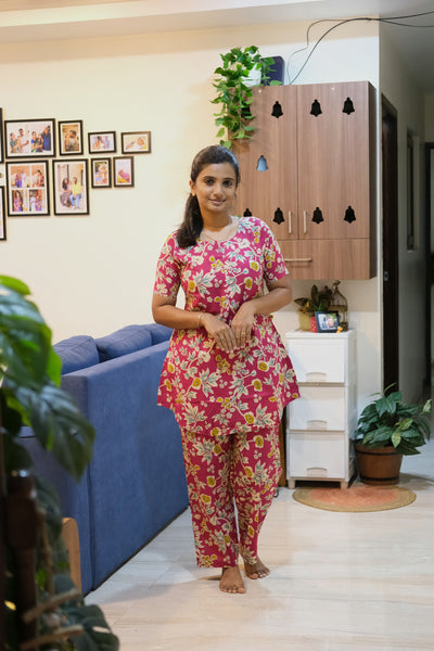 Magenta floral printed cotton night suit top and pants set