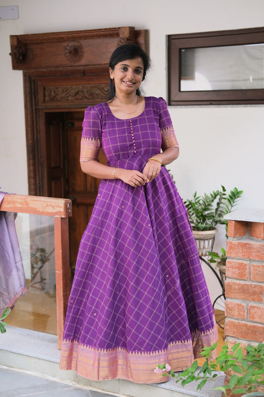 Violet Chettinad cotton maxi dress with gold zari borders