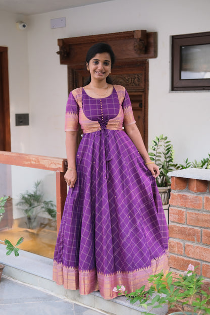 Violet cotton maxi dress with dupatta and lace-up overcoat