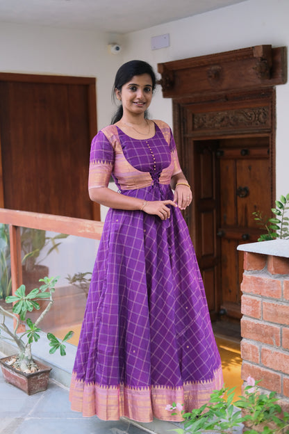 Three-piece ethnic set featuring a purple checked maxi dress and overcoat