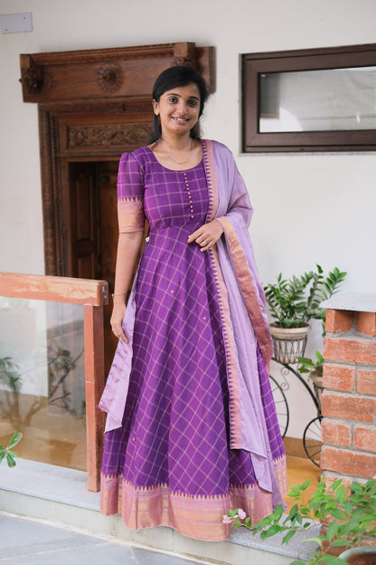 Purple checked maxi dress styled with a lavender dupatta