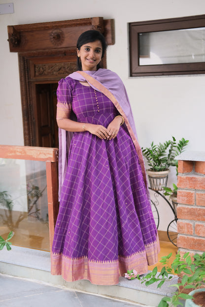 Back and side view of the violet cotton maxi dress with dupatta