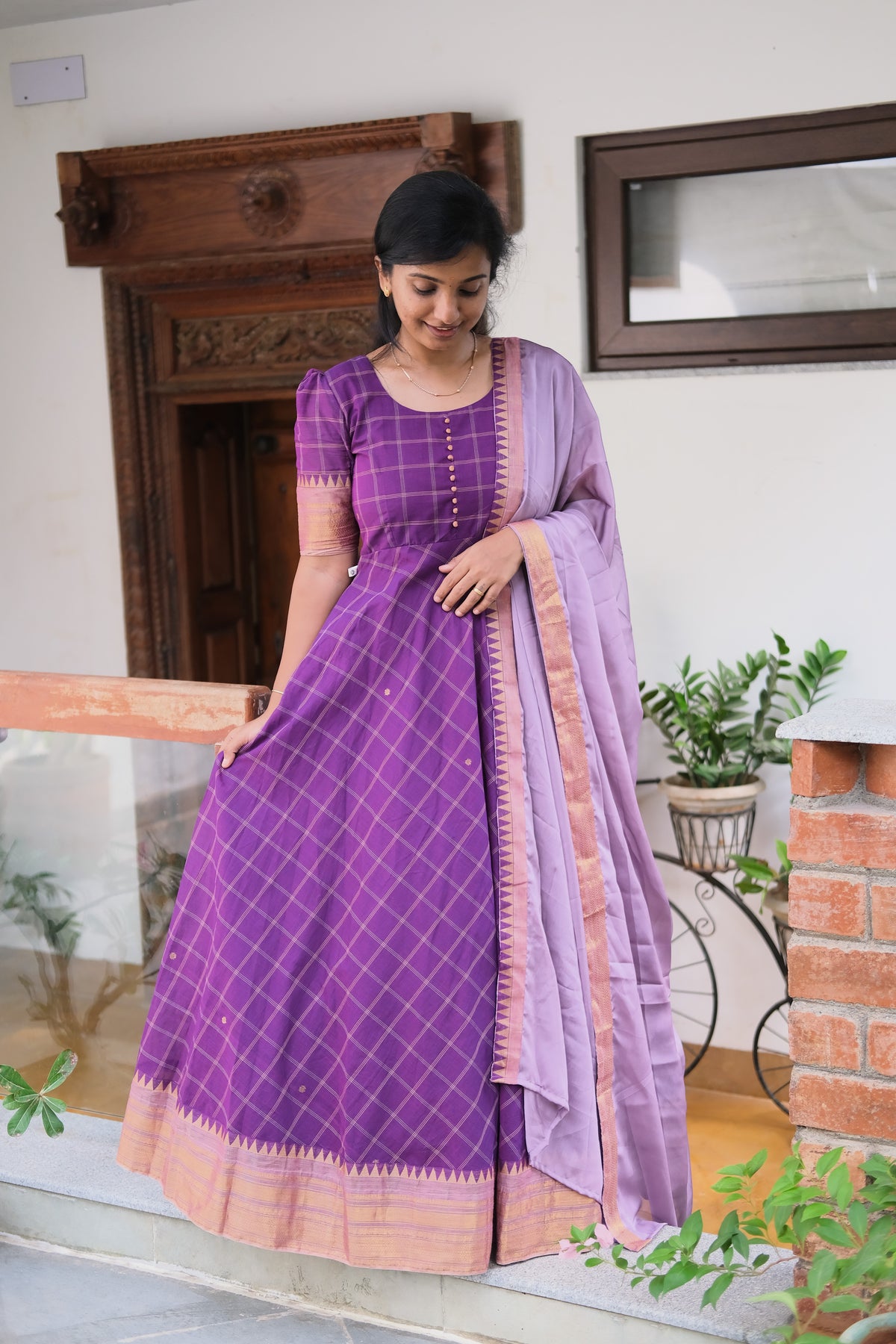 Full-length view of the Lalitha violet Chettinad cotton maxi dress