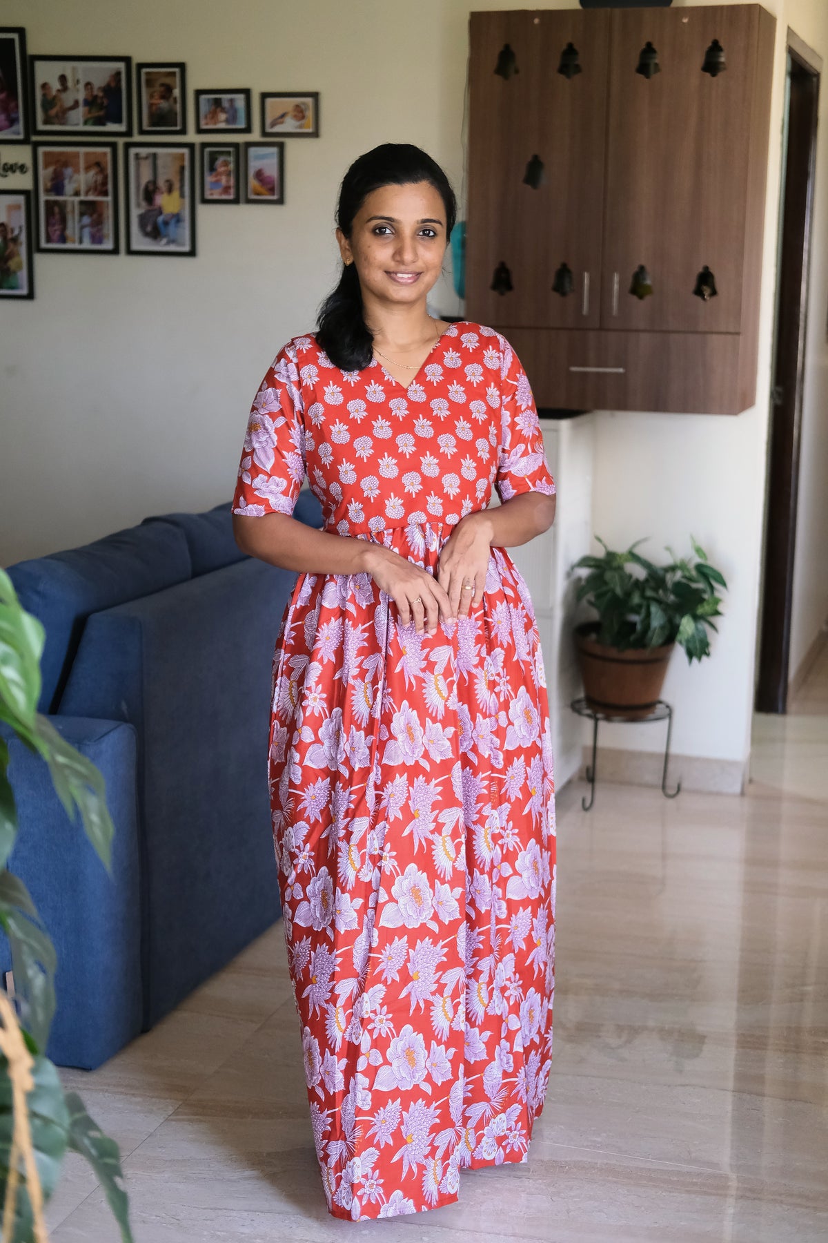 Kuyili red cotton feeding nighty in vibrant red floral print with V-neckline