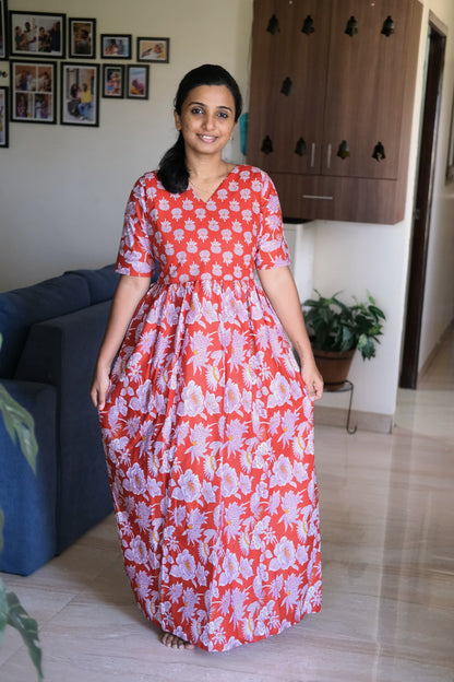 Full length red cotton feeding nighty showing gathered skirt and relaxed fit