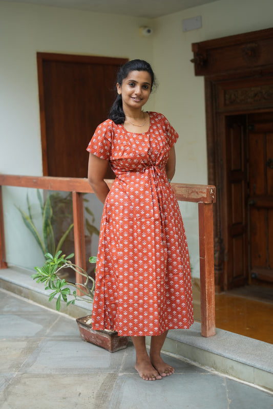 Maroon cotton nighty for women with white floral print and adjustable waist tie