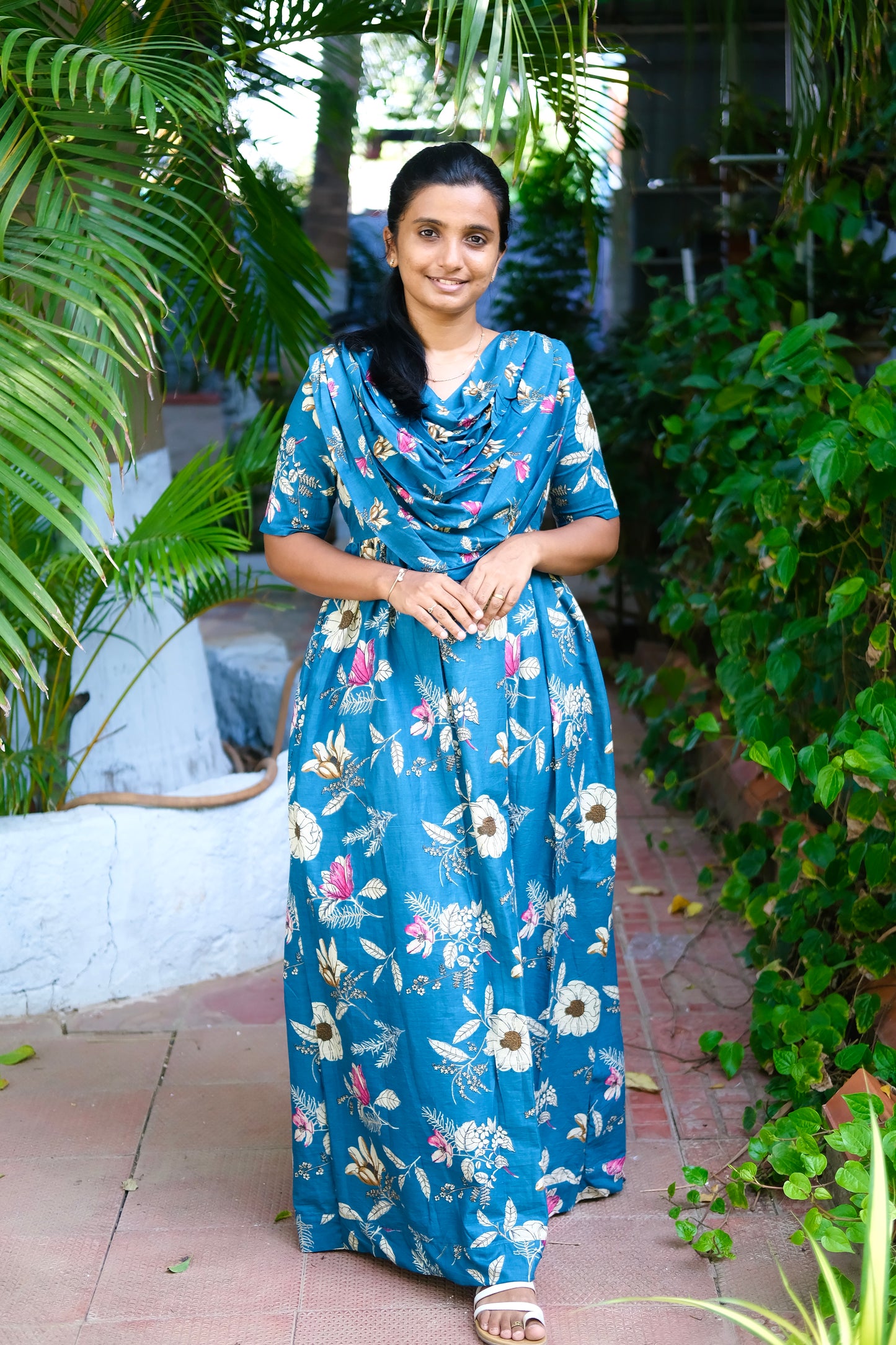 Denim blue floral cotton maxi nighty with an attached dupatta drape