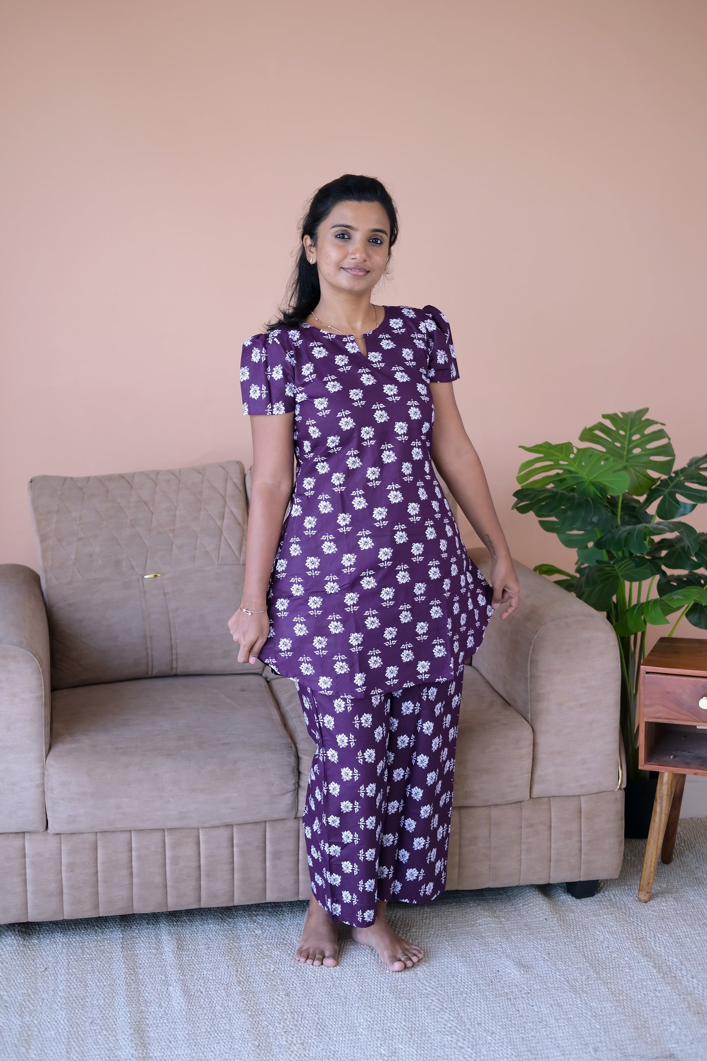 Comfortable plum cotton feeding night suit set with a notched neckline and short sleeves.