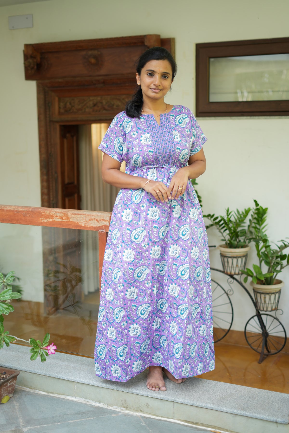 Lavender cotton maxi nighty with white and teal paisley print and adjustable waist tie