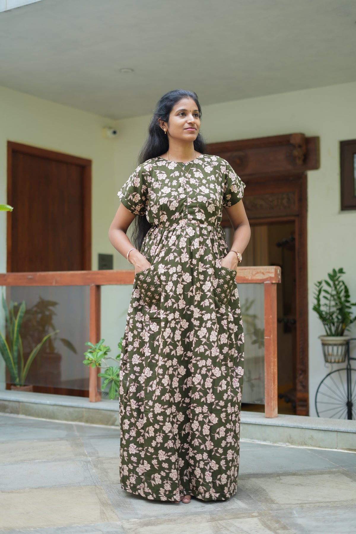 Comfortable cotton nighty with pockets in olive green floral print