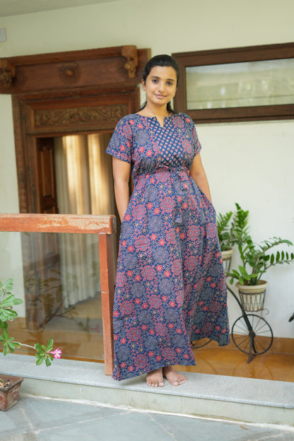 Full length ladies cotton nighty in navy blue with block print