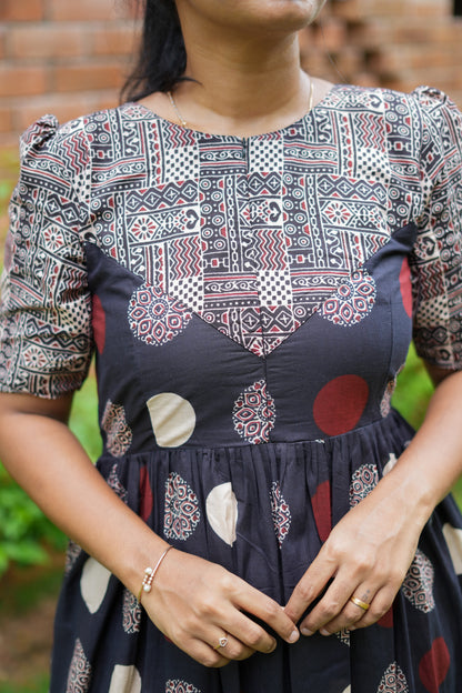 Close-up of the geometric printed yoke and puff sleeves on the cotton maxi nighty.