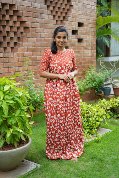 Yamini rust red cotton maxi nighty with white floral print and puff sleeves